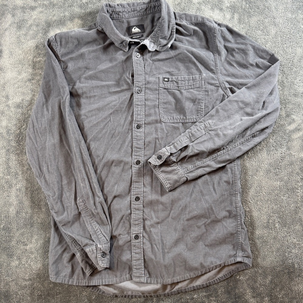 Quiksilver Mens Gray Corduroy Long Sleeve Medium Button Down Shirt Regular Fit